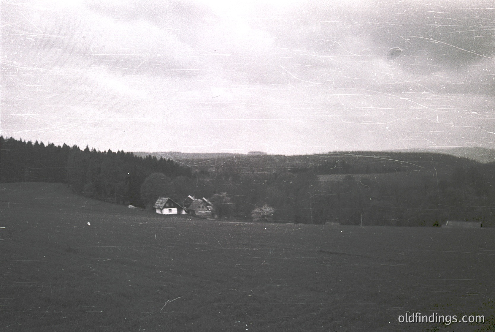 Vintage black-and-white rural landscape featuring a single-story farmhouse nestled in a forested valley. Open fields dominate the foreground, with dense pine trees lining the horizon. Overcast sky enhances the nostalgic, timeless feel. Likely early-to-mid 20th century European countryside.