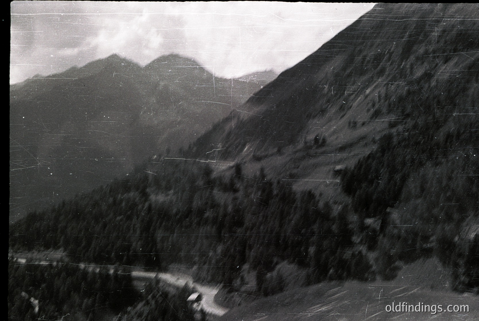 Vintage black-and-white aerial shot of a winding mountain road flanked by dense coniferous forest, leading toward jagged peaks. Evidence of early 20th-century photography with slight film damage. Ideal for historical or scenic stock references.