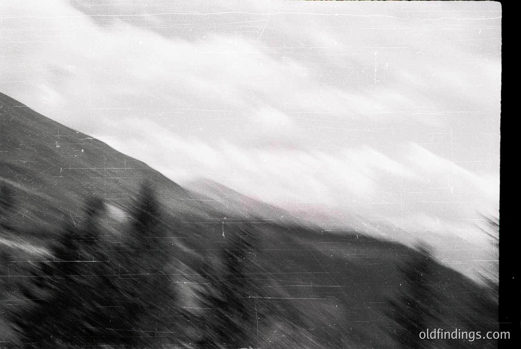 Vintage black-and-white aerial shot of rugged, forested terrain with dense tree cover and winding river or stream. Low-angle perspective highlights dramatic slopes and misty valleys. Likely 20th-century topographic survey or early aviation photography.