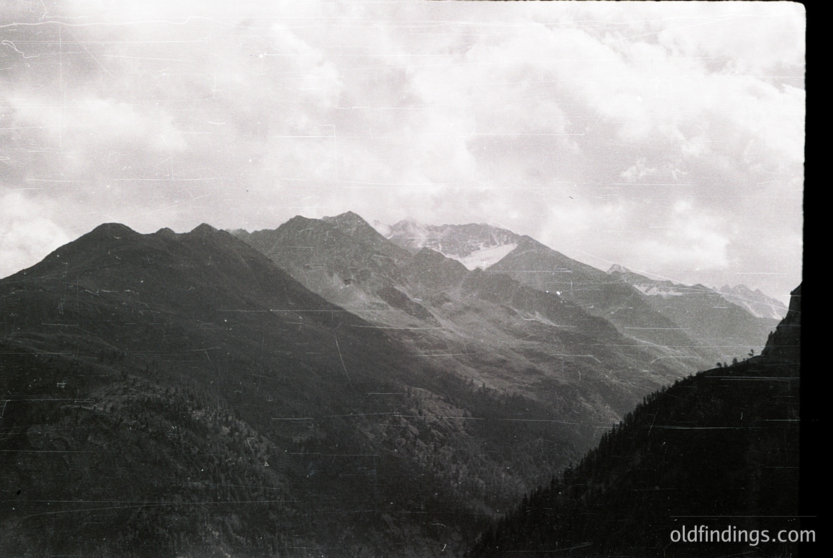 Black-and-white alpine landscape featuring jagged peaks and dense forest valleys, likely European Alps. Snow patches highlight elevation contrast. Vintage sepia tone suggests early 20th-century photography. Ideal for historical research or vintage travel inspiration.