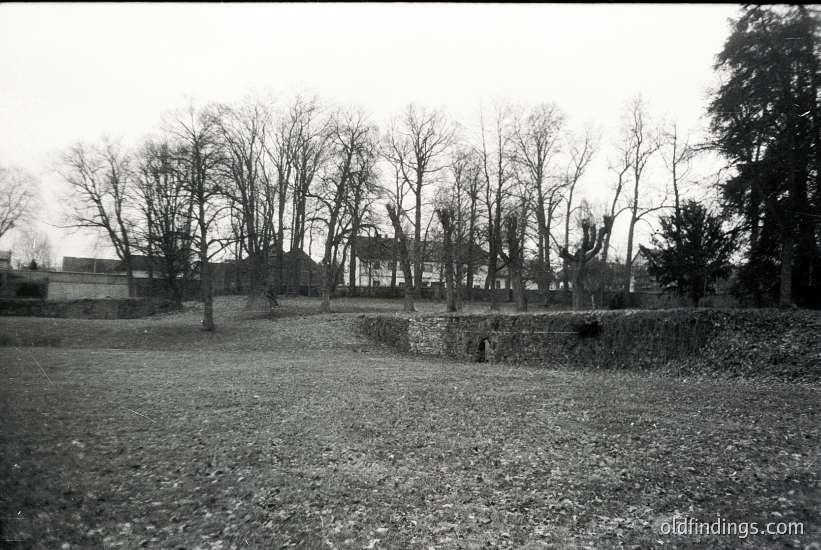 Black-and-white photograph of a barren, overgrown courtyard surrounded by leafless trees and a low stone wall. A single-story building with a flat roof and minimal windows sits in the background, suggesting institutional or residential architecture. Likely mid-20th century, possibly Eastern European.