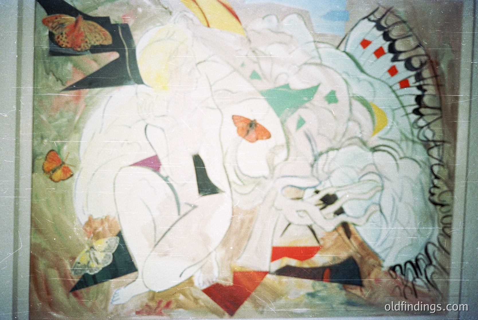 Abstract mural featuring bold geometric shapes, floral motifs, and vibrant colors—predominantly white, red, green, and yellow. The design includes stylized butterflies, curved lines, and angular forms, suggesting a mid-20th-century modernist influence. Likely part of a public or institutional interior, possibly from the or .