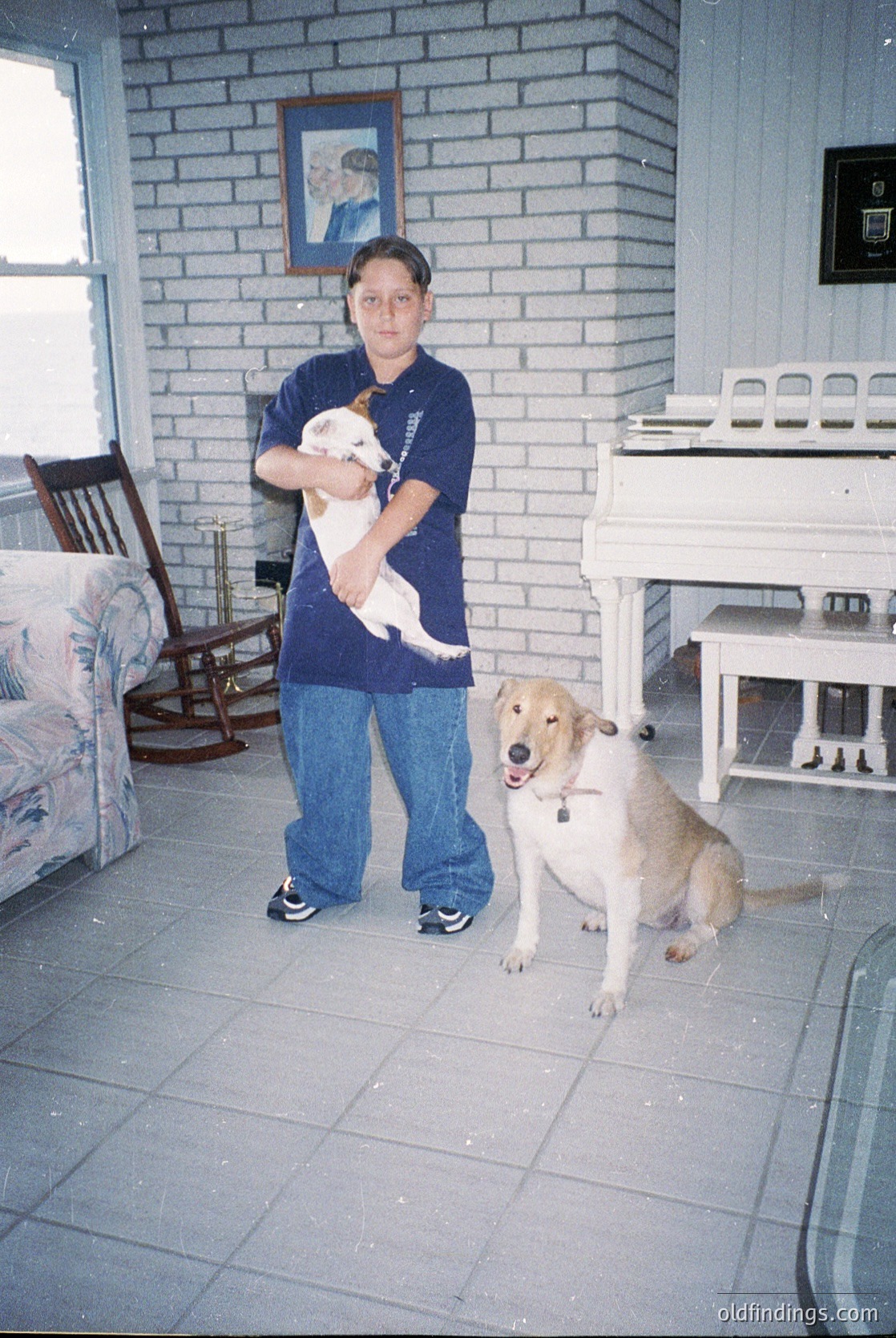 A person in a blue polo shirt and jeans holds a small white dog indoors, with a larger tan-and-white dog sitting beside them. Brick walls, a piano, and a floral armchair frame the scene, suggesting a mid-20th-century home setting.