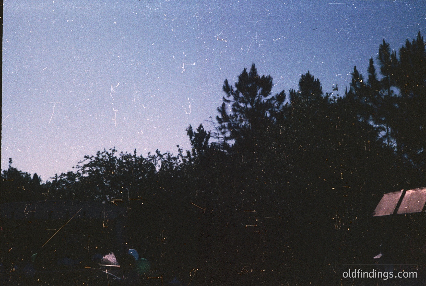 Vintage film grain and faded tones capture a silhouette of two figures under dense coniferous trees at dusk. The scene suggests a forest clearing or campsite, with a partial view of a structure (likely a tent or lean-to) on the right. The lighting and composition evoke a mid-20th-century outdoor adventure aesthetic.