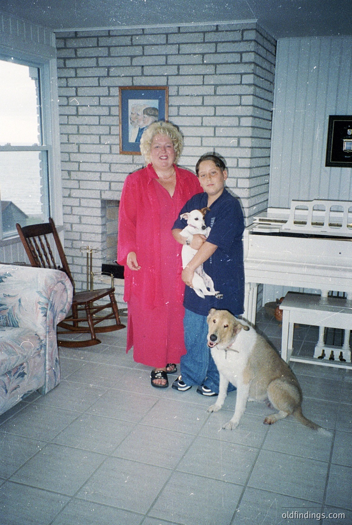 Mid-century brick interior with two women and two dogs. Woman in red robe holds a small white-and-tan puppy; woman in navy stands beside her. Large dog sits on tiled floor. Wooden rocking chair, floral upholstery, and framed artwork visible. Likely 1960s-1970s domestic setting.