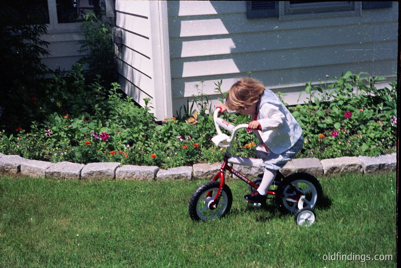 Young child on a red balance bike in a lush garden, surrounded by vibrant flowers and stone edging. White clapboard house in background suggests suburban setting, likely mid-20th century.