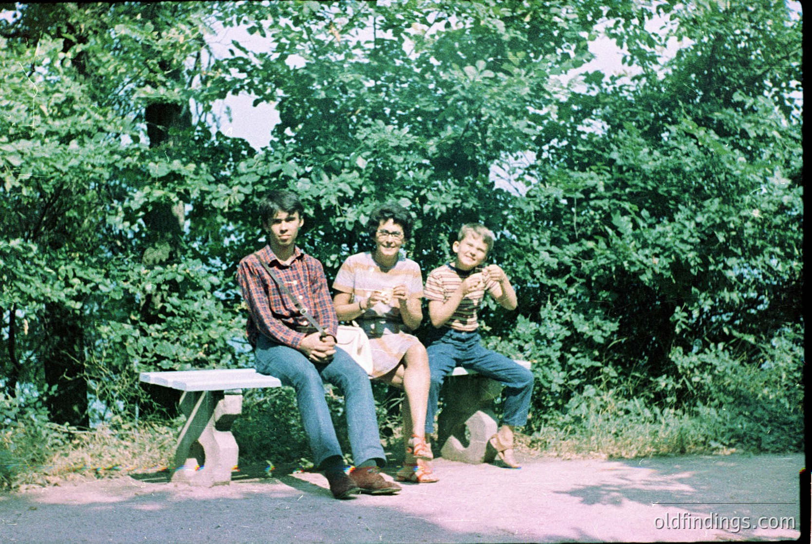 Three individuals pose casually on a wooden bench in a lush, green park setting, likely mid-1970s. All wear casual 70s attire: plaid shirts, rolled-up jeans, and sandals. The person on the left holds a hat; the center figure wears sunglasses. Dense foliage and a paved path frame the scene.