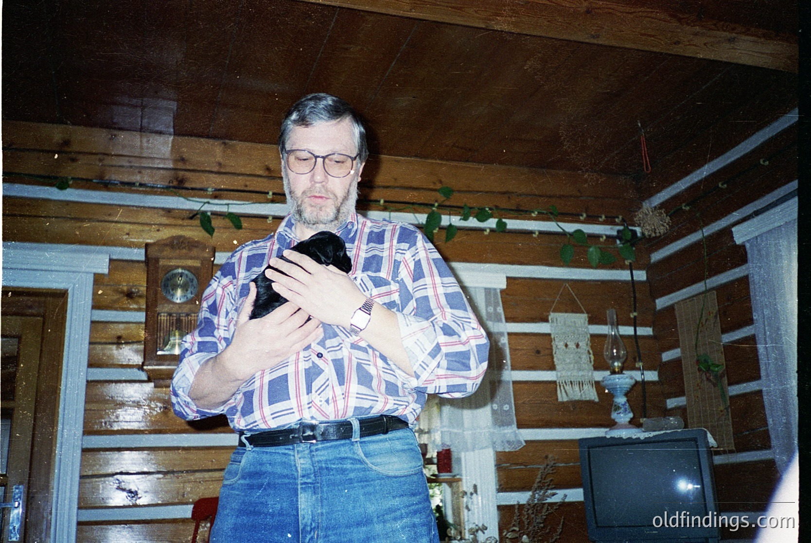 Mid-20th century interior portrait: man in 1970s-style plaid shirt and jeans cradling a black-and-white cat. Rustic wooden walls, vintage decor (wall sconces, woven wall hanging), and a CRT TV in background. Warm, intimate home setting.