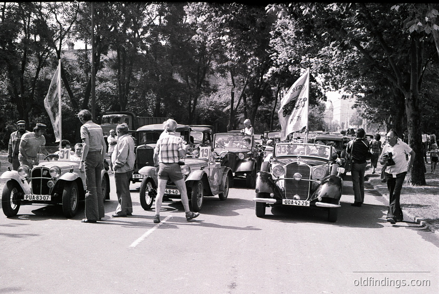 Vintage classic car rally with 1930s–1950s automobiles lined up on a tree-lined road. Crowd in period attire, some holding flags. Open-top vehicles feature vintage branding like Mercedes-Benz. Likely European setting, mid-20th century.