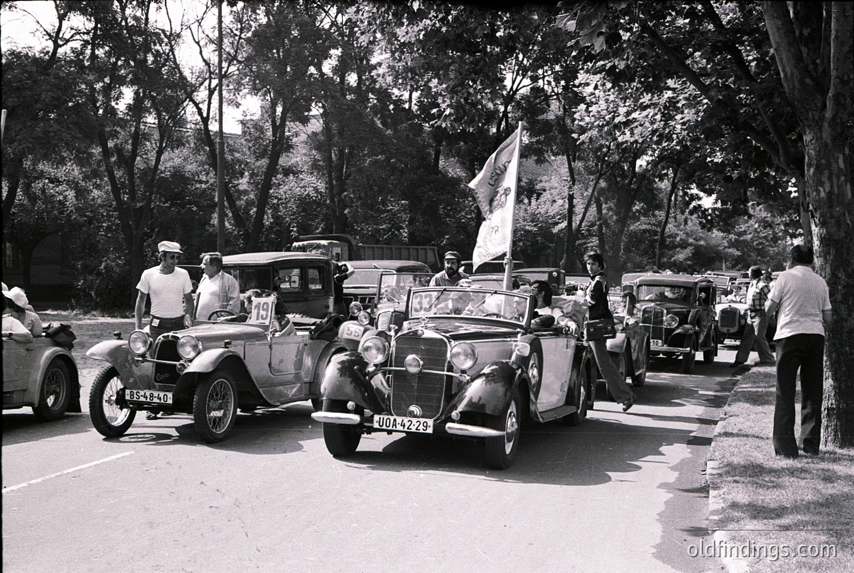Vintage road rally featuring classic cars from the 1930s–1940s, including a vintage Mercedes-Benz 320 with visible license plate "004-2929." Participants in period attire—wide-brim hats, suits, and scarves—stand beside vehicles, some holding flags. Lush, tree-lined road suggests a European countryside setting. Ideal for automotive history, vintage travel, or nostalgic design references.