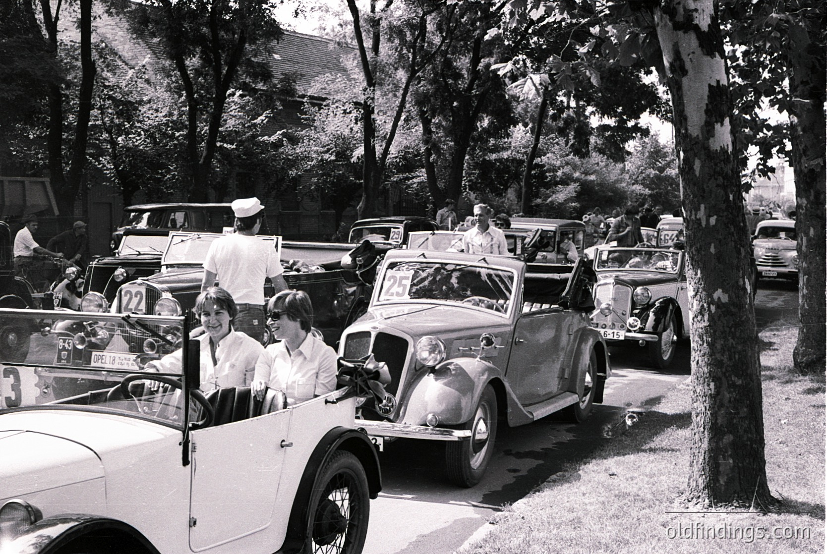 Vintage street scene with vintage cars (1950s–1960s) lined up along a tree-lined road. Classic convertibles, including a Citroën DS and Ford Thunderbird, parked beside pedestrians in formal attire. Crowds gather, suggesting a parade or public event. Urban greenery and mid-century architecture visible in background.