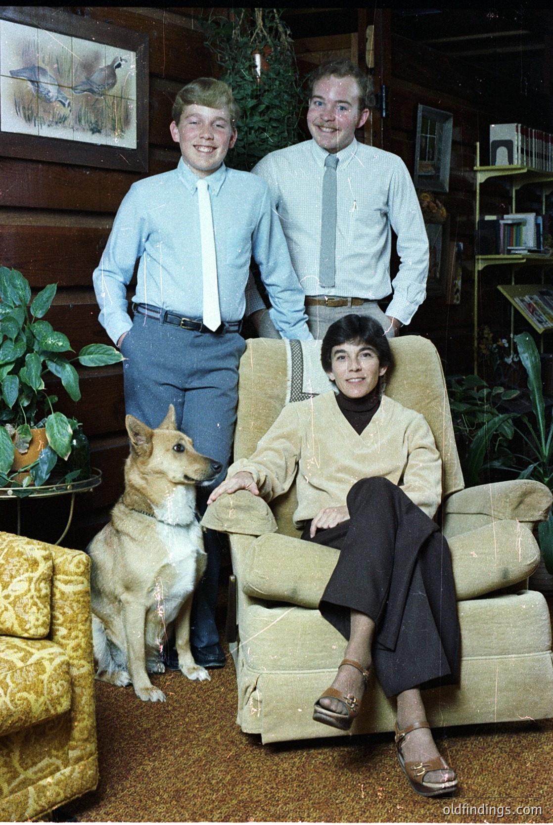 Vintage family portrait from the 1970s featuring three individuals in a cozy indoor setting. Two boys in button-down shirts and ties stand behind a seated woman in a beige sweater and trousers. A small dog sits attentively beside her on a patterned armchair. Wood-paneled walls, potted plants, and framed artwork enhance the warm, lived-in atmosphere.