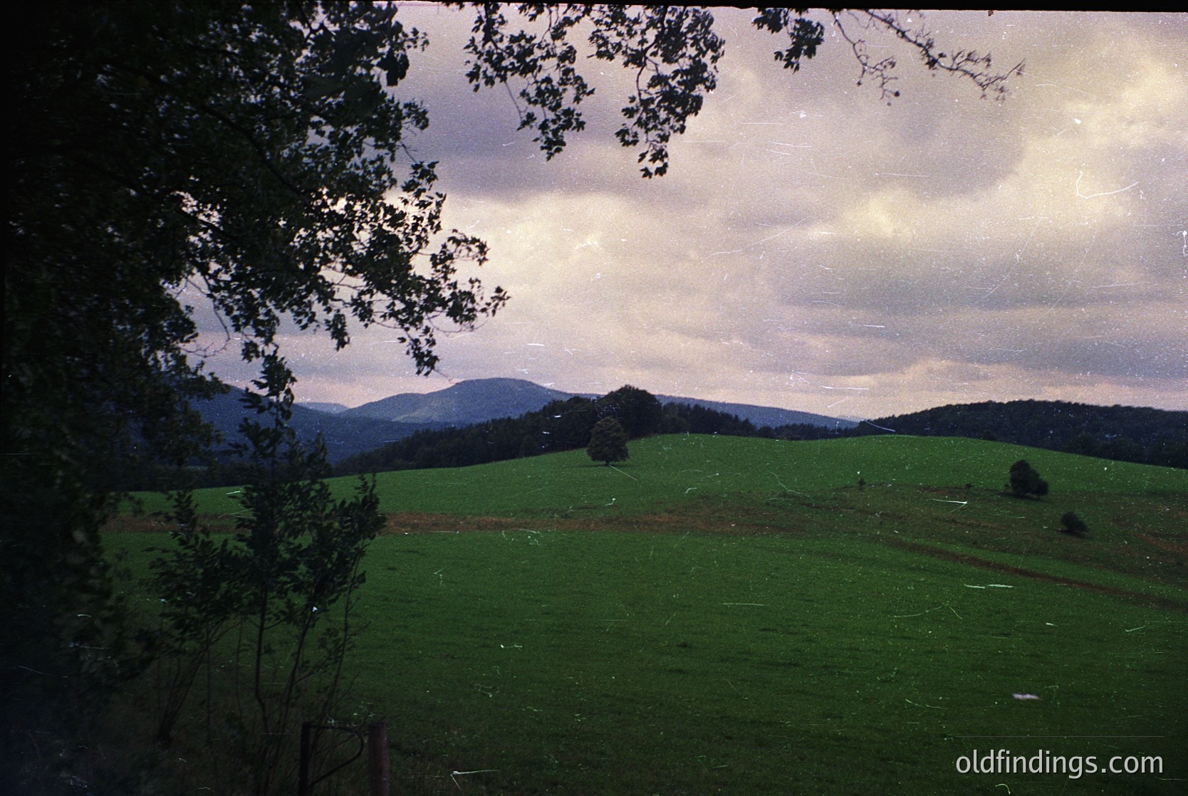 Vintage landscape shot of rolling green hills under dramatic, low-hanging clouds. Foreground framed by a tree branch, hinting at mid-20th century color photography. Rolling terrain suggests rural European countryside, likely 1950s–1970s.