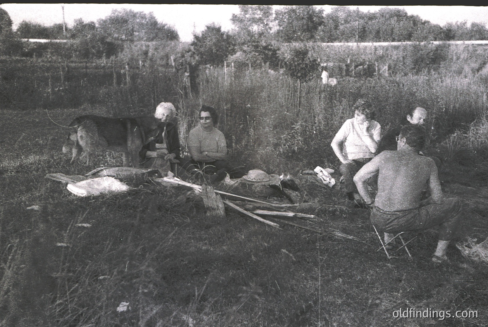Mid-20th century rural gathering: group of five seated around an open-air meal in a grassy field, with a butchered animal carcass and wooden tools. Simple shelter in background suggests temporary setup.