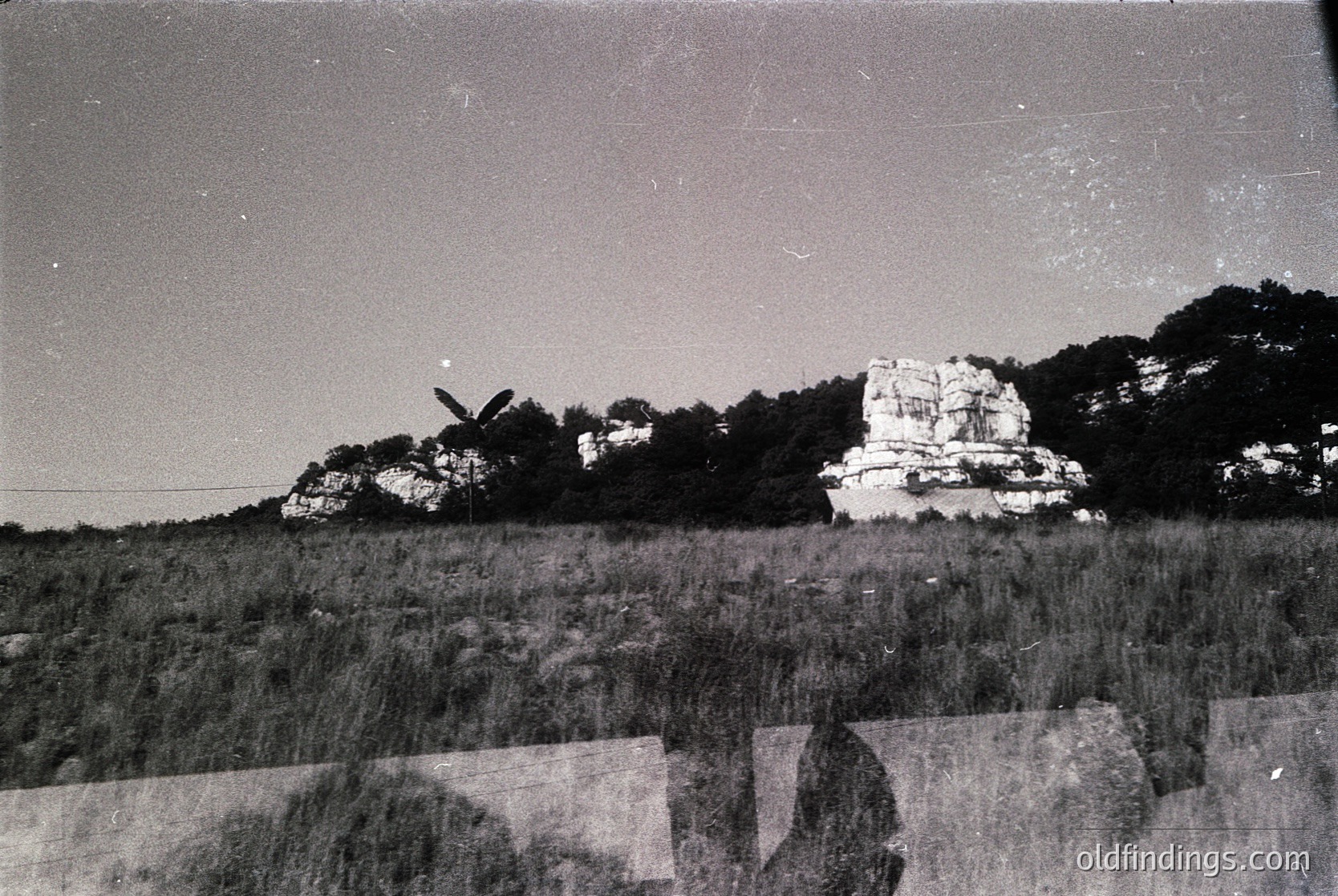 Vintage black-and-white aerial view of rugged, eroded rock formations in a grassy plain. Distinctive layered cliffs and isolated boulders dominate the landscape. Overhead, a single aircraft flies low, suggesting early aviation or surveying. Damaged edges indicate aged film or scanning. Likely mid-20th century, possibly for geological or agricultural documentation.