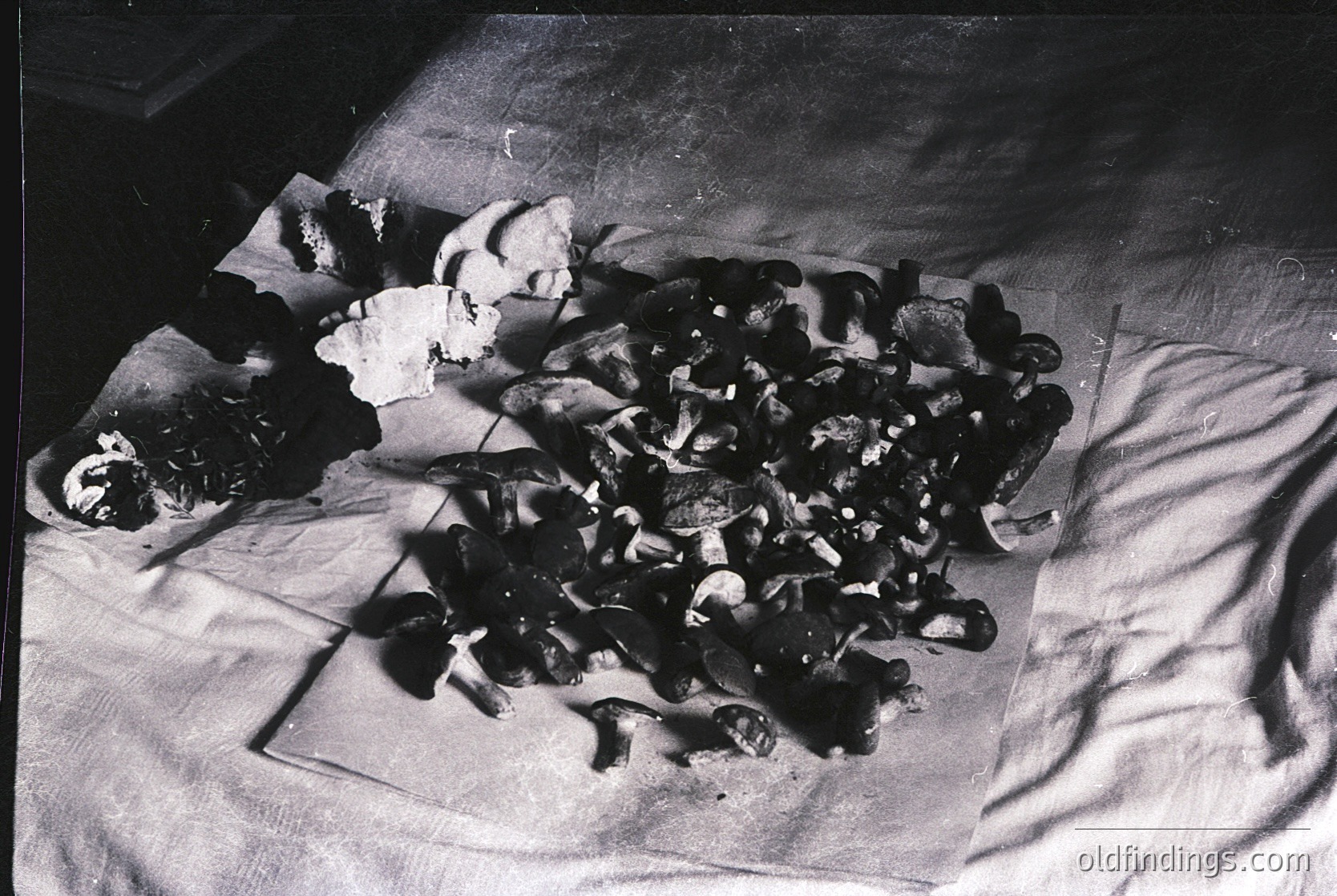 Mid-century black-and-white photo of a handmade stuffed toy, likely a bear, with patchwork fur from fabric scraps. The sewn seams and uneven stitching suggest DIY craftsmanship. Placed on a flat surface with a folded cloth background, evoking 1950s-1960s homemade toys.