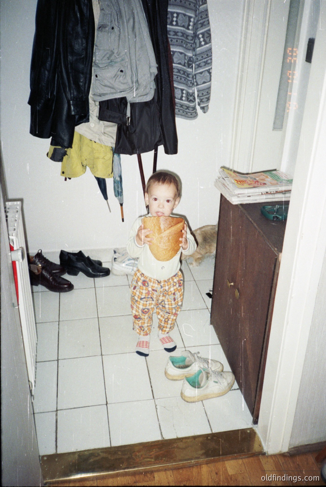 Toddler in floral pants and striped long-sleeve shirt poses in a tiled closet space, holding a stuffed animal. Hanging coats include a denim jacket, patterned knitwear, and a yellow shirt. Shoes—black dress shoes, white sneakers, and sandals—are scattered on floor and shelf. Wooden cabinet and white door frame visible. Likely mid-20th century domestic interior.