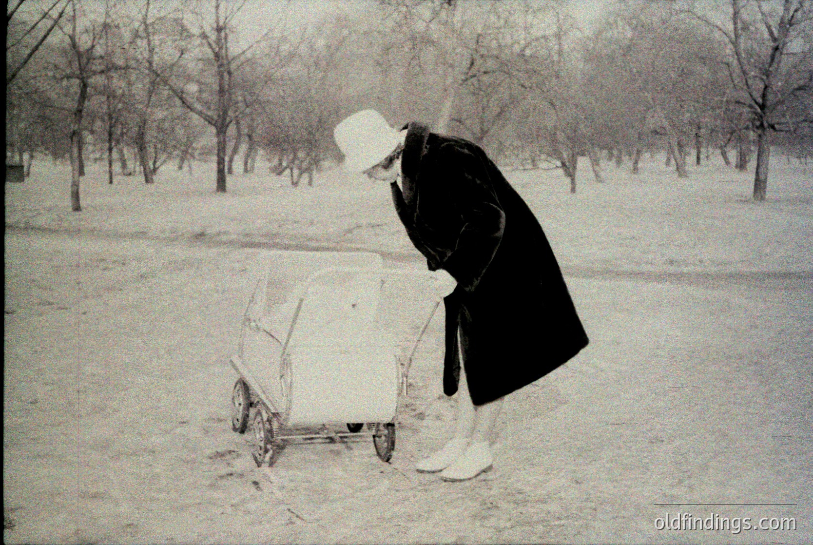 Black-and-white winter scene showing a woman in mid-1900s attire pushing a manual wheelbarrow filled with snow in a park. She wears a long coat, hat, and gloves, indicating cold weather. Leafless trees and snow-covered ground suggest late autumn/winter.