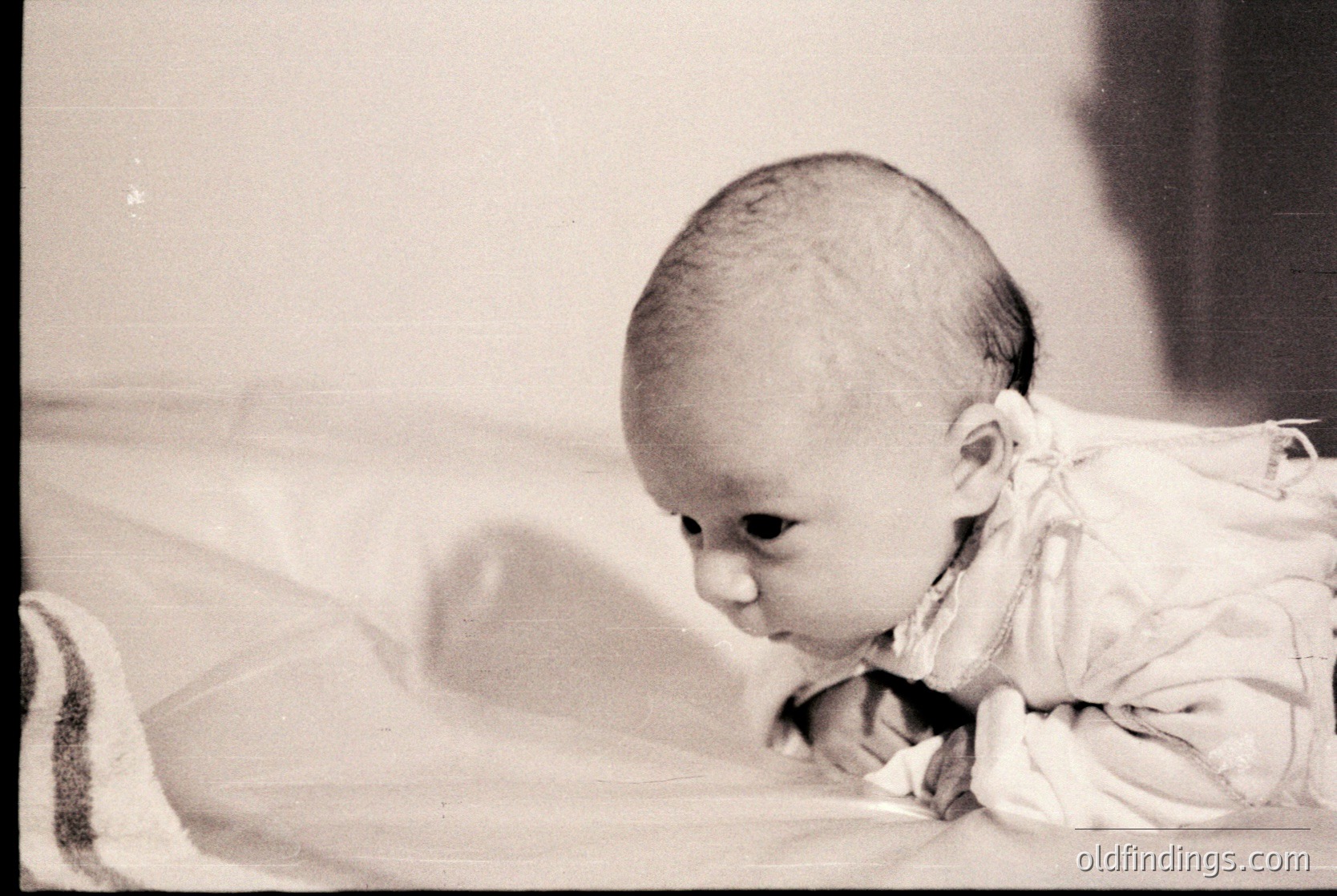 Black-and-white portrait of an infant crawling on a soft, textured surface, possibly a blanket. The child’s expression and posture suggest curiosity. Mid-20th century style, likely 1950s–1960s. Ideal for historical family archives or nostalgic design references.