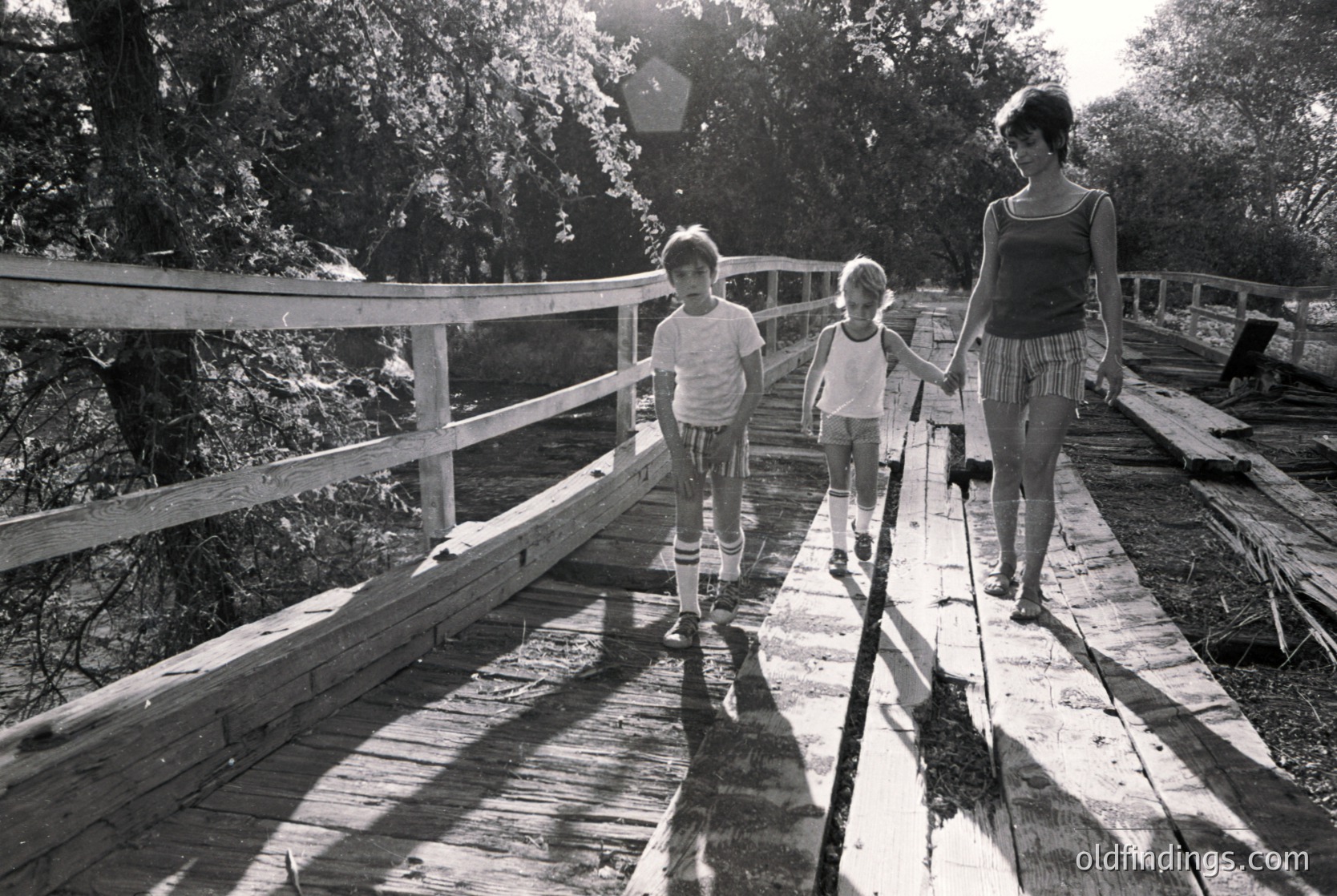 A mid-20th-century black-and-white photo captures a woman and two children walking on a wooden boardwalk through a lush, shaded forest. The woman leads by hand, guiding the children along the weathered planks. Sunlight filters through the trees, casting dappled shadows on the boardwalk.