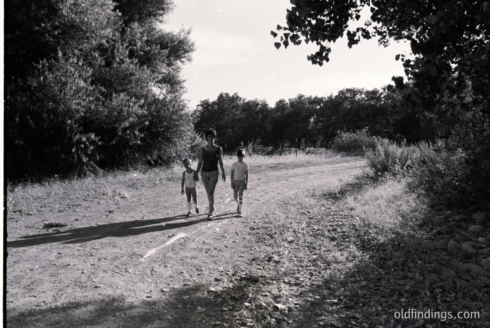 Three figures walk a rural dirt path flanked by dense greenery, captured in monochrome. Adult leads two children, likely mid-20th century based on clothing and film grain.