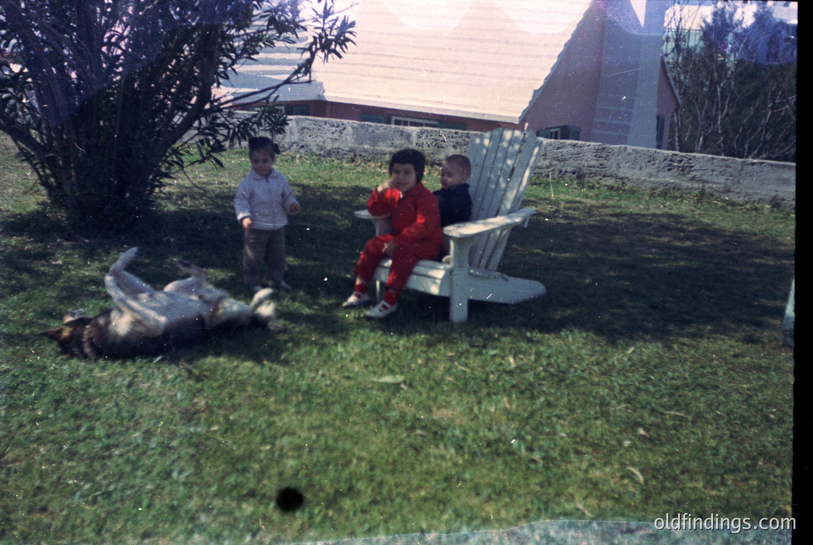 Vintage snapshot of three children in a backyard setting, likely mid-20th century. Two boys sit on a white Adirondack chair, one in a red sweater, while a third stands beside a prone dog on grass. Stone house with peaked roof in background. Warm, nostalgic family moment.