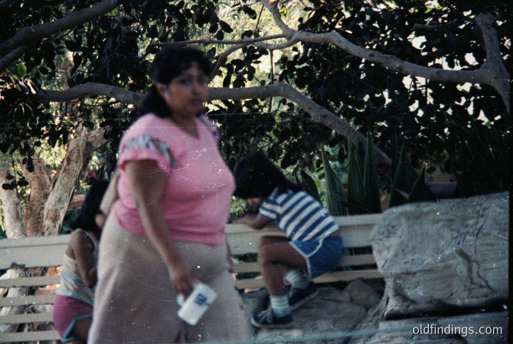 Vintage outdoor scene featuring a woman in a pink blouse and light-colored skirt holding a white object, possibly a book or paper. A child in a striped shirt sits on a wooden bench beside a cactus. Lush greenery and tree branches frame the shot, suggesting a rural or garden setting. Likely mid-20th century based on clothing and film grain.