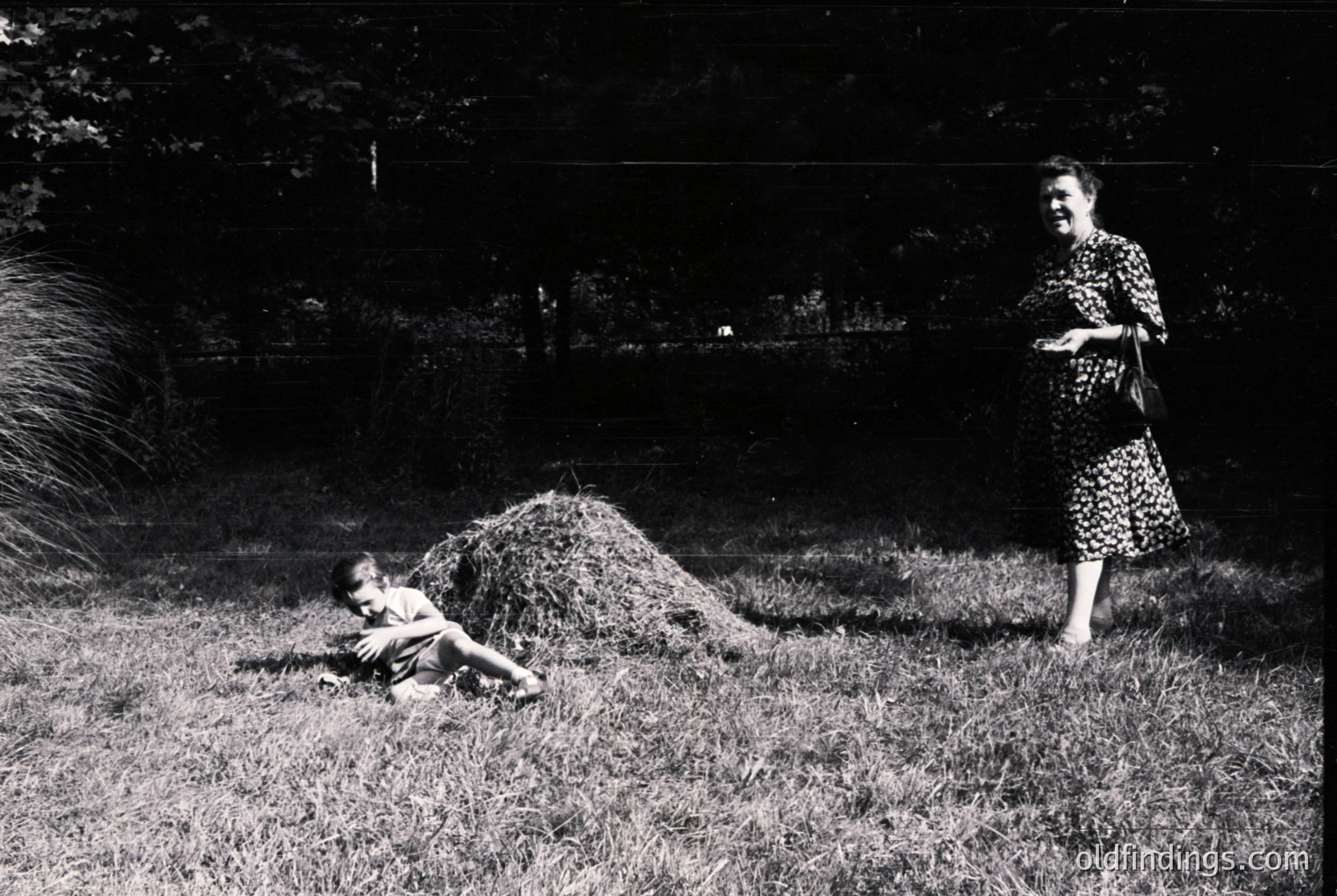 Mid-20th century rural scene: Woman in floral dress (1950s-60s style) stands beside haystack, while child lies on grass. Lush greenery and dense trees frame the composition. Evokes post-war agricultural life.