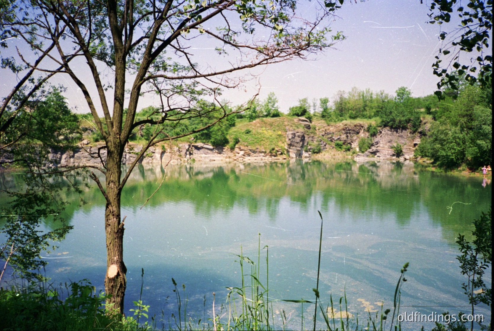 Quarry lake reflecting clear blue skies, surrounded by exposed rock cliffs and lush greenery. Overgrown tree branch frames left edge, hinting at natural restoration. Likely post-industrial site repurposed as a serene water body. *(Note: Time period inferred from image saturation/color tone; no direct indicators visible.)*