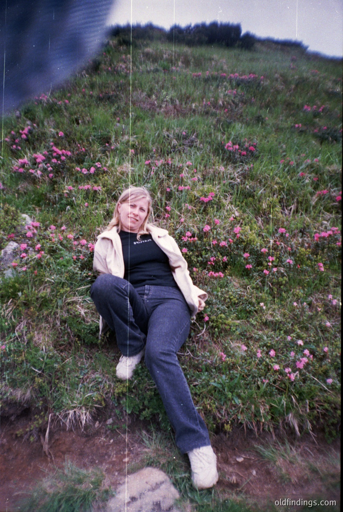 A woman in 1970s-style jeans, a black top, and a beige jacket reclines on a grassy hillside blanketed with pink wildflowers. The vibrant flora contrasts with her neutral attire, suggesting a mid-century outdoor portrait. The blurred background hints at a coastal or park setting, likely Europe or North America. [Mid-century outdoor portrait of woman in jeans and jacket surrounded by pink wildflowers ]