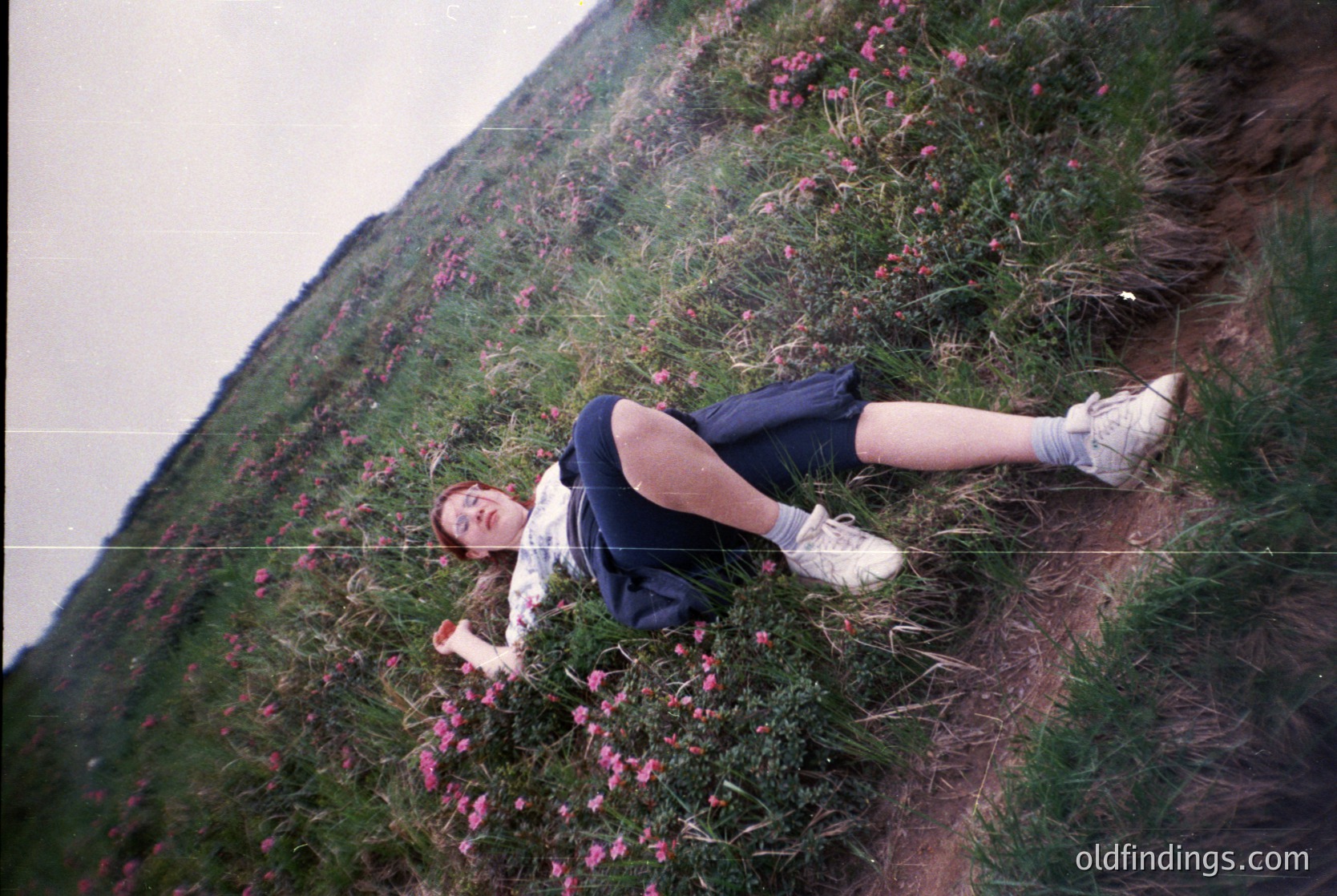 Vintage candid of a person reclining on a grassy hillside amid blooming pink wildflowers, likely heather. Mid-20th-century outdoor attire—white top, dark shorts, white sneakers—suggests a leisurely hike or nature outing. Overcast sky and blurred background emphasize the subject’s relaxed posture. Ideal for vintage travel, outdoor lifestyle, or historical fashion references.