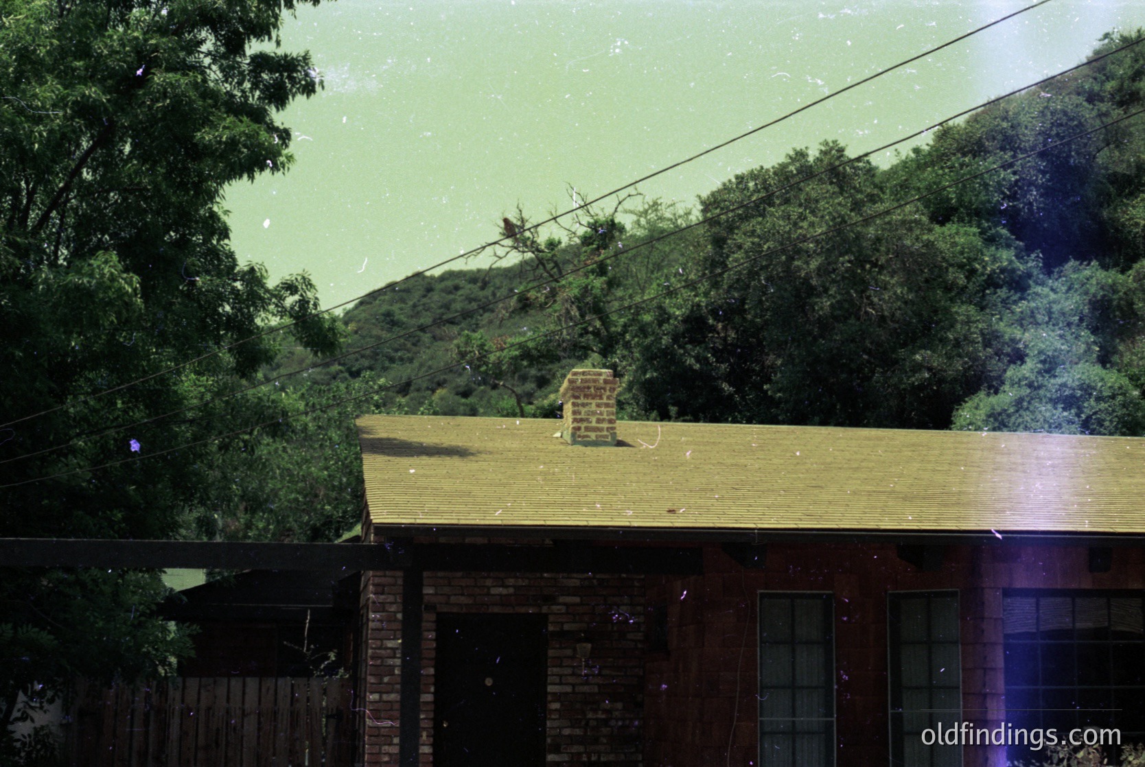 Vintage black-and-white photo of a modest brick home with a pitched roof and chimney, framed by dense foliage and power lines. Raindrops blur the scene, creating a soft, atmospheric effect. Likely mid-20th century residential architecture.