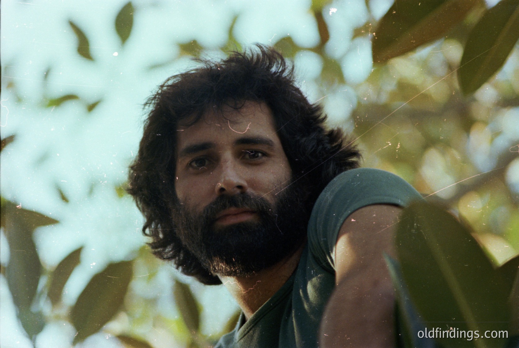 Portrait of a bearded man in a natural setting, framed by lush green foliage. His long hair and mustache suggest a mid-20th-century style, likely . The soft focus and warm tones evoke a candid, documentary aesthetic.