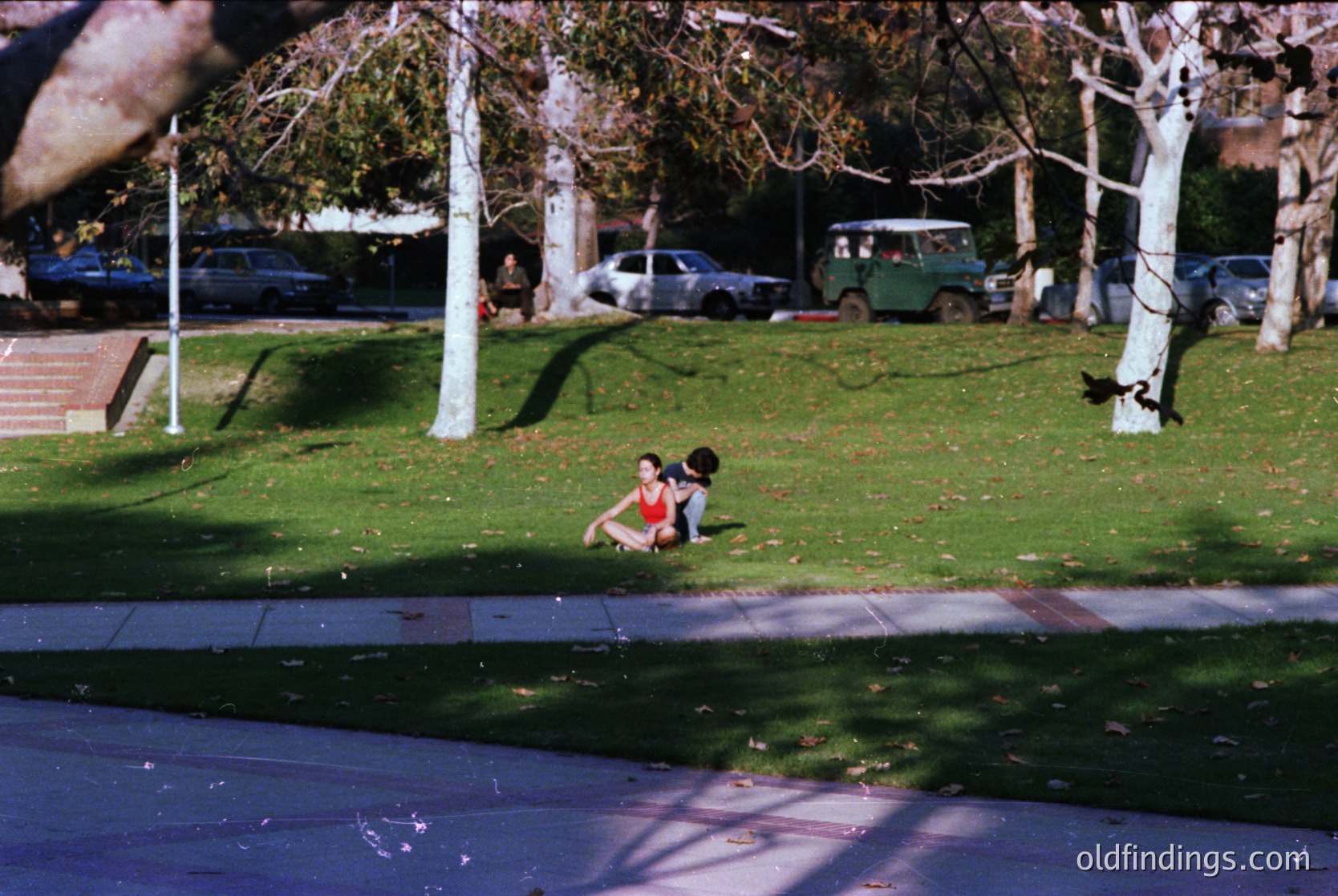 Two children sit on grass beside a sidewalk, framed by tree shadows. Mid-century suburban park with parked cars (including a vintage jeep) and residential buildings. Likely late 1960s–early 1970s, USA.