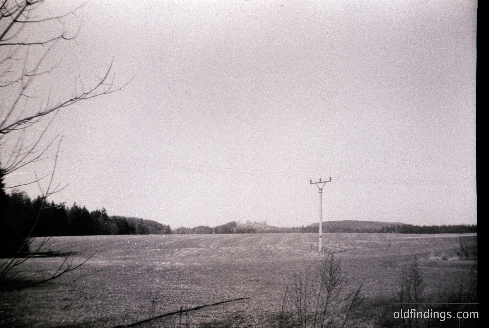 Mid-century rural landscape featuring a tall communication tower in an open field, surrounded by sparse trees and a distant forested horizon. The low-angle composition emphasizes the tower’s height against an overcast sky. Likely 1950s–1970s, indicative of early telecommunications infrastructure.