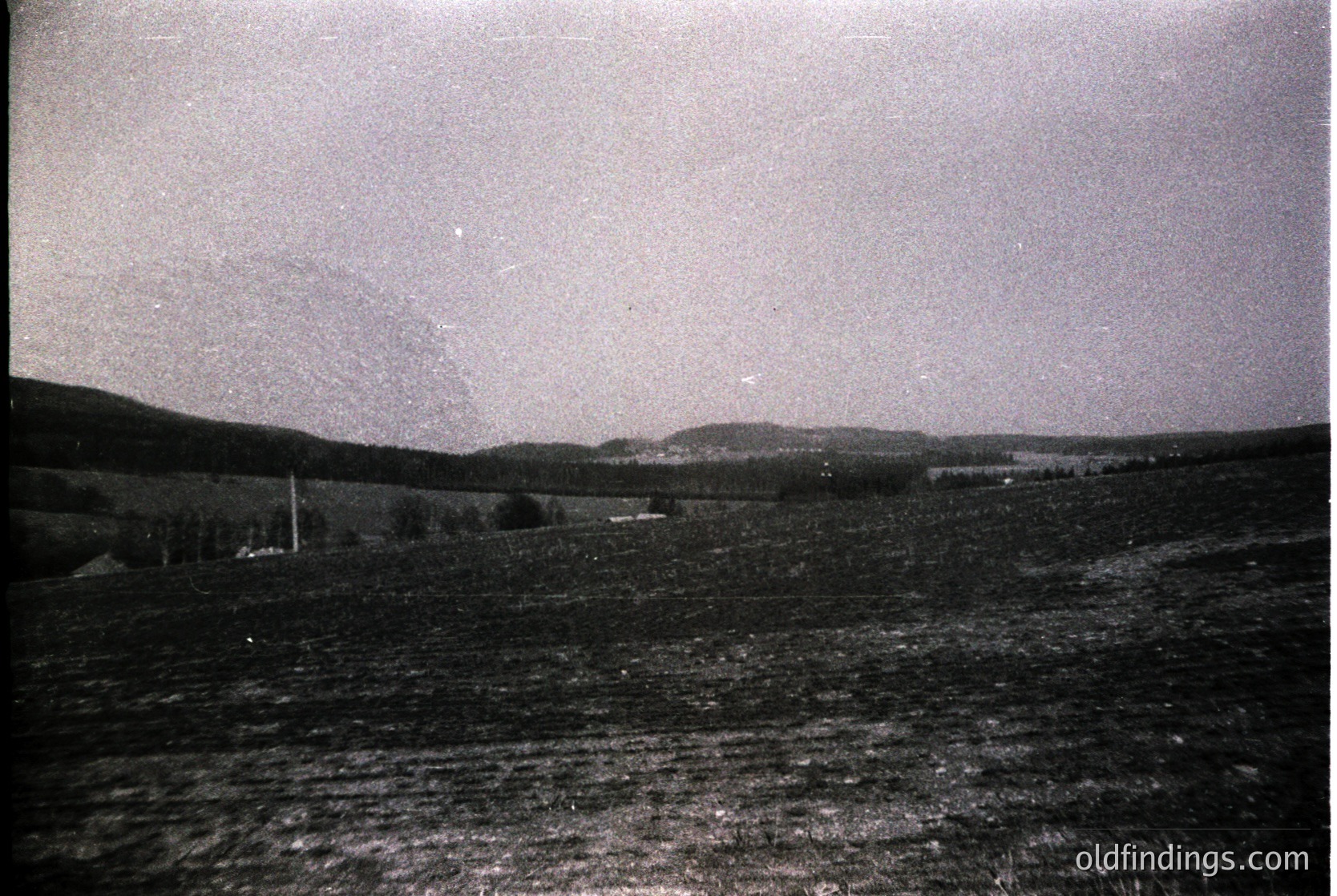 Vintage black-and-white landscape showing a rural horizon with sparse trees and distant buildings. Fog or mist obscures mid-ground, creating a hazy effect. Likely mid-20th century agricultural or pastoral scene.