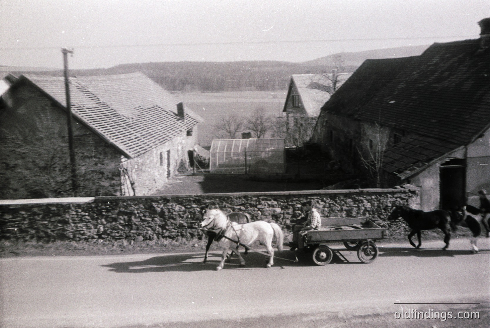 Mid-20th century rural scene: horse-drawn cart on unpaved road, guided by a person in a light jacket. Stone buildings with tiled roofs flank the road, set against rolling hills. Dog accompanies the team.