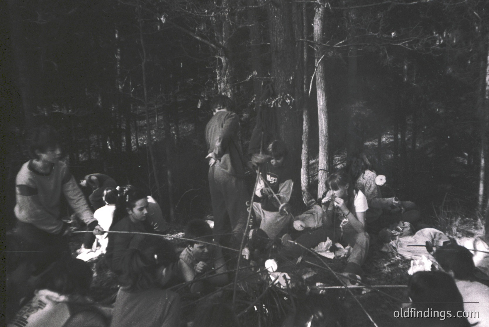 Group gathered around a campfire in a dense forest, mid-20th century. Wooden stumps and logs form makeshift seating; one person stands holding a rifle. Clothing suggests rural, possibly Eastern European setting.