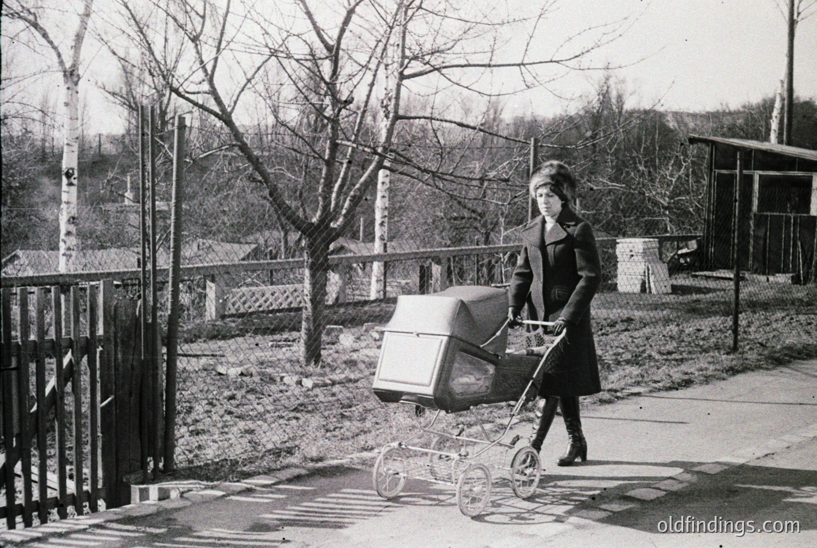 Black-and-white street scene featuring a woman in 1960s/70s fashion pushing a vintage pram with a basket on the handlebars. Leaves cover bare trees and a rustic wooden fence in the background. Urban park or residential area setting.