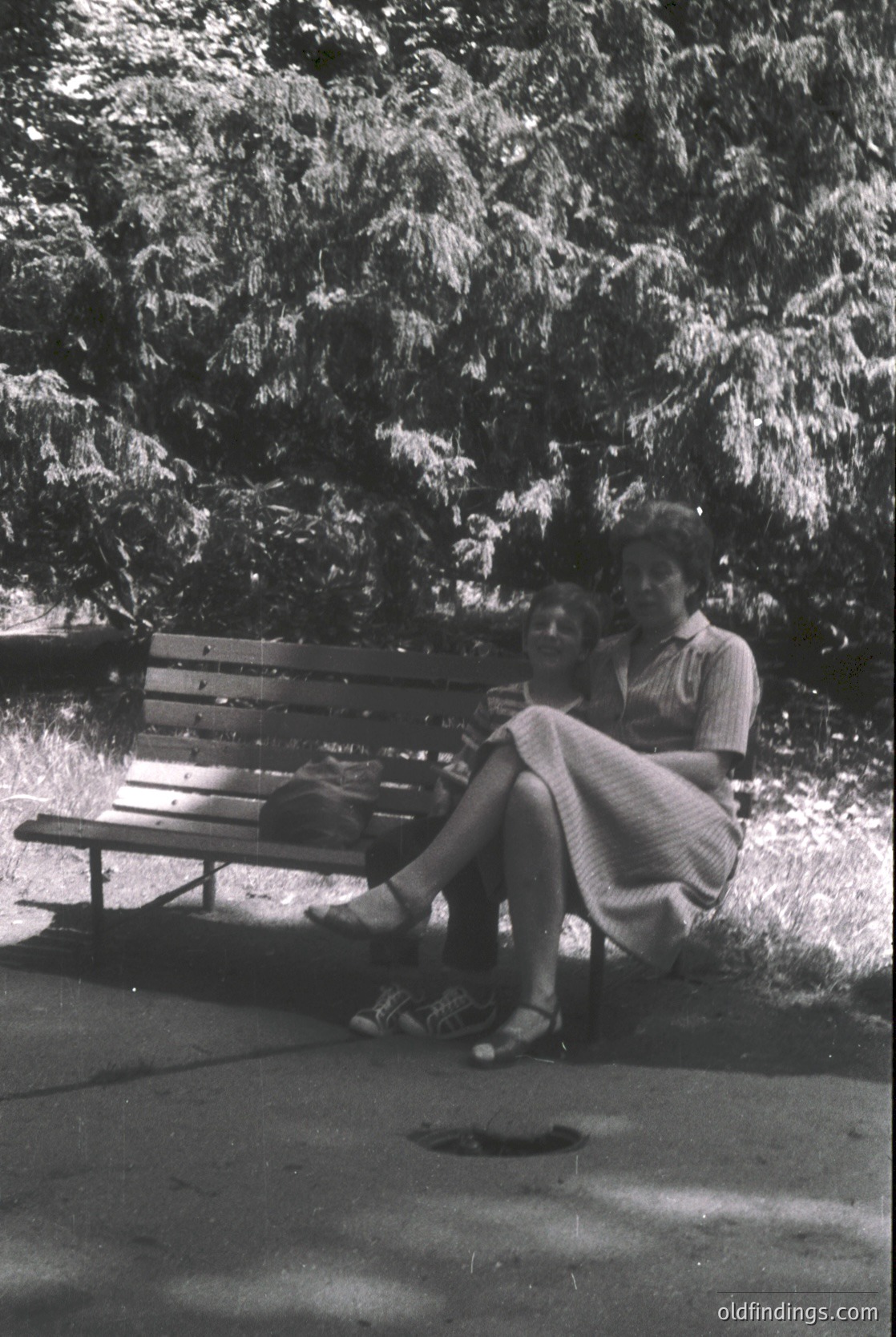 Couple seated on a wooden bench in a park, framed by dense foliage. Mid-20th century clothing suggests or . Woman wears a striped dress with sandals; man in a short-sleeve button-up. Soft focus and vintage filter evoke nostalgia. Ideal for historical or fashion research.