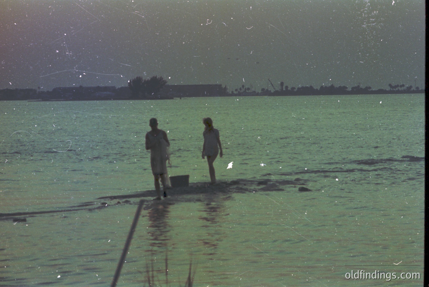 Vintage seaside scene featuring two figures walking on shallow water near a dock, likely mid-20th century. Green-tinted film captures a nostalgic, sunlit moment with distant palm trees and horizon.