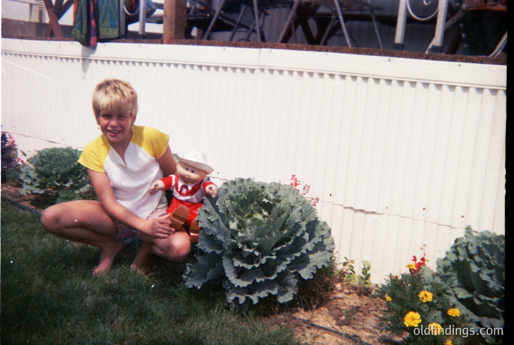 Child kneeling beside large cabbage plants in a garden, holding a toy. Mid-20th century suburban backyard with white picket fence and blooming flowers.