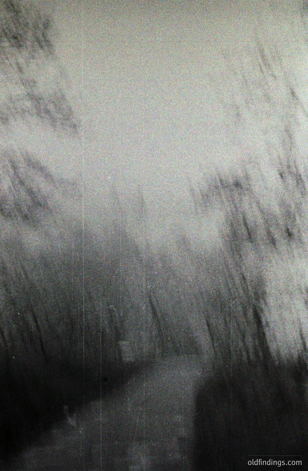A blurred, monochromatic photograph depicts a dense, potentially coniferous forest. The texture suggests film grain and possible light leaks, indicative of age or experimental photography. Composition utilizes dark shadows and minimal detail, evoking a sense of mystery. Potential value for textural backgrounds or atmospheric design.