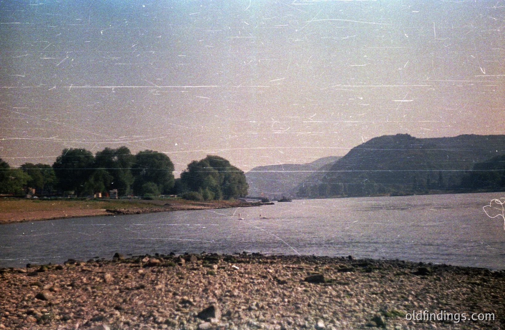 Pebble shoreline leads to a wide river, likely a large waterway. A cargo ship is visible mid-stream, framed by lush green trees and a distant, forested hillside. The image shows signs of age/wear; potential stock or reference material.
