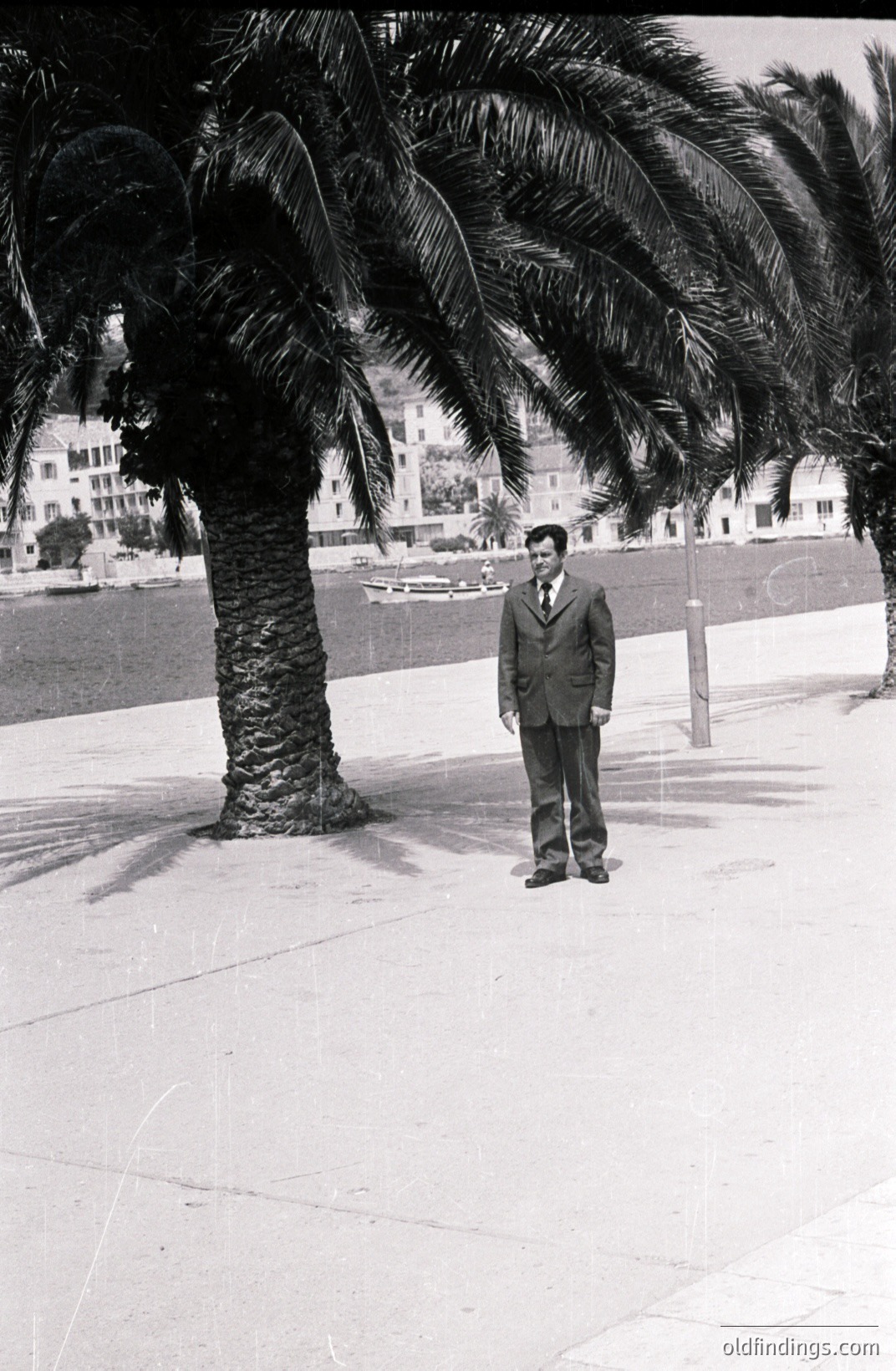 A formally dressed man stands near a palm tree on a seaside promenade, with buildings visible across the water. Likely a tourist image from the 1960s or 70s. A small boat is moored nearby. The composition suggests a candid travel photograph.