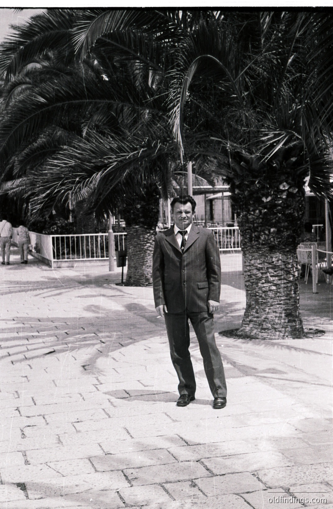 A formally dressed man stands outdoors near palm trees. He wears a dark suit, tie, and polished shoes. The brick-paved walkway and background suggest a seaside resort location, possibly in Europe. Architectural elements hint at a mid-20th century style. An intriguing snapshot with potential archival or design reference value.