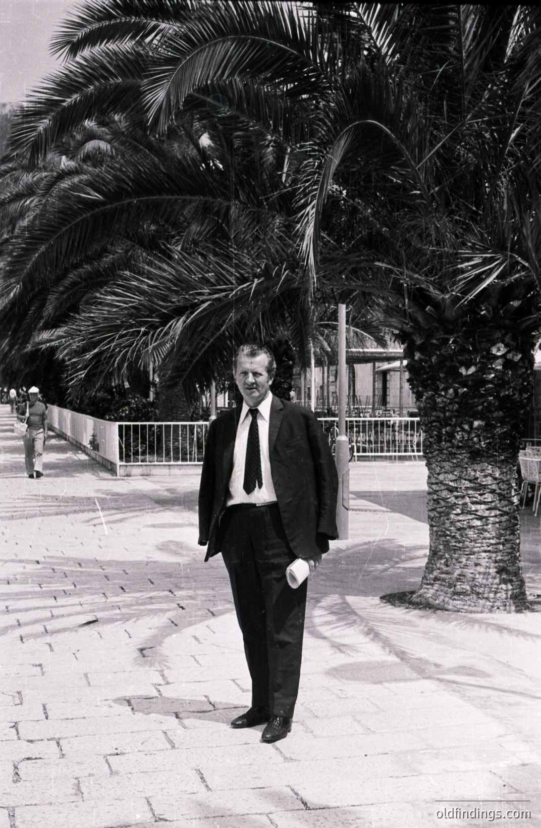 Elegant man in a dark suit and tie stands formally beside a palm tree, likely a seaside promenade. He holds a rolled document. The scene evokes a stylish, mid-century European atmosphere. Possibly a resort location or travel photography. Appears to be 1960s-1970s era.