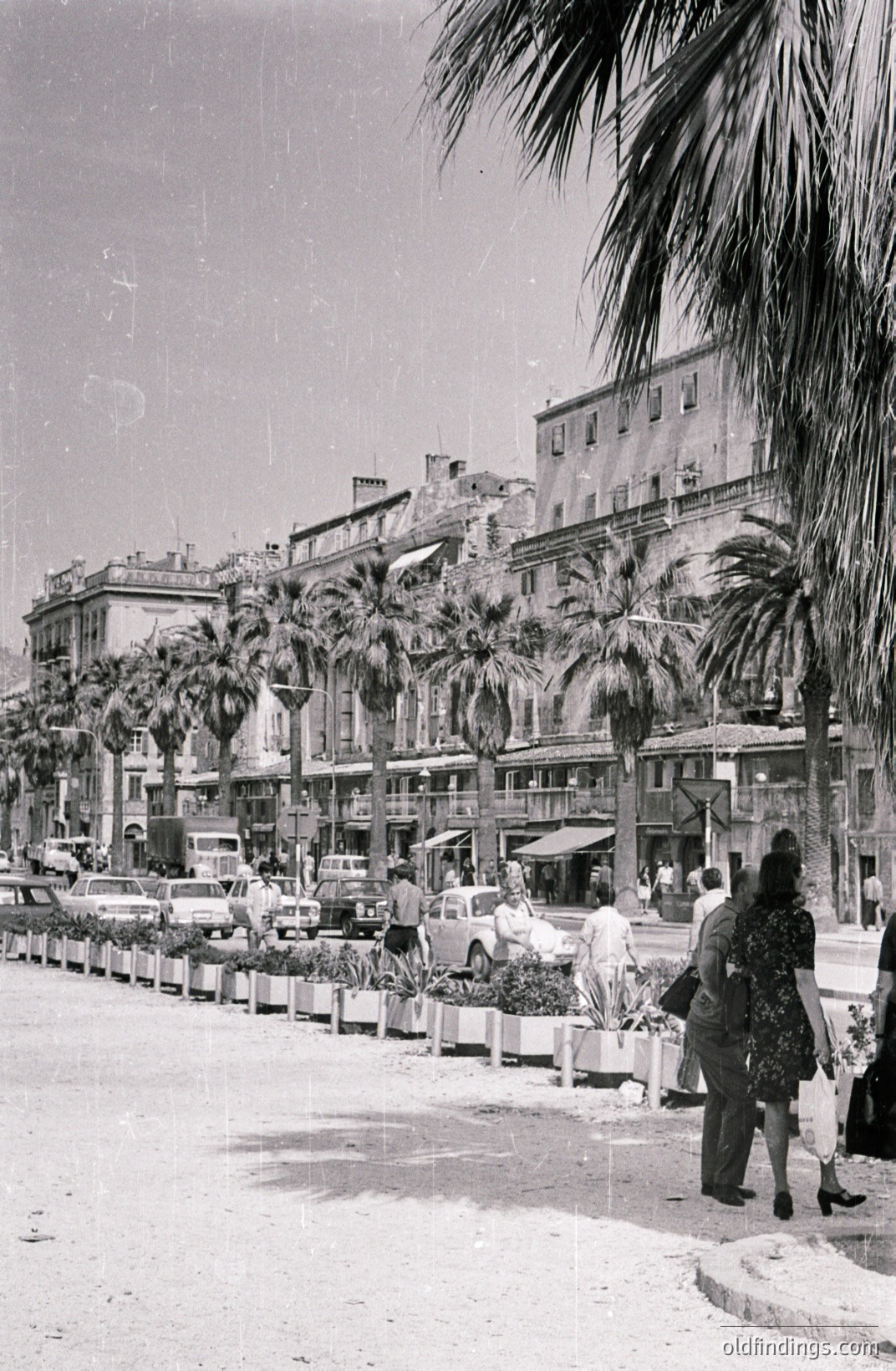 Coastal cityscape with palm trees lining a wide promenade. Buildings exhibit 1960s architecture. Several vintage cars are visible amongst pedestrians. Potential seaside resort location; details suggest a Mediterranean setting. Photo shows typical tourism & urban development.