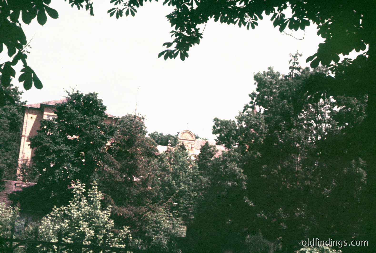 A view of a classical building, possibly a villa or palace, partially obscured by lush foliage. The architecture features a central arched window and a symmetrical facade. The photograph's color palette suggests a faded, vintage aesthetic. Likely taken in the mid-20th century.