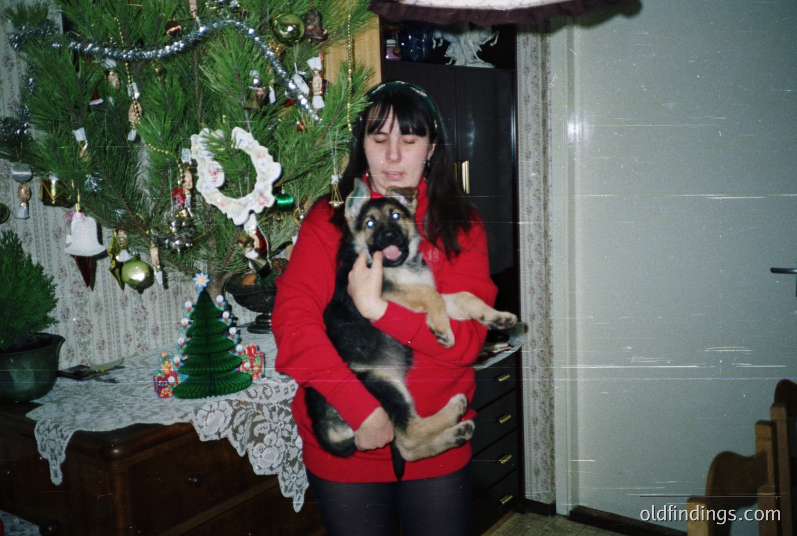 Young woman holding a puppy in front of a decorated Christmas tree. Interior scene with visible furnishings & lace tablecloth. Appears to be a snapshot, possibly 1980s or 1990s. Likely residential, warm lighting. Could be valuable for pet-themed stock or design.